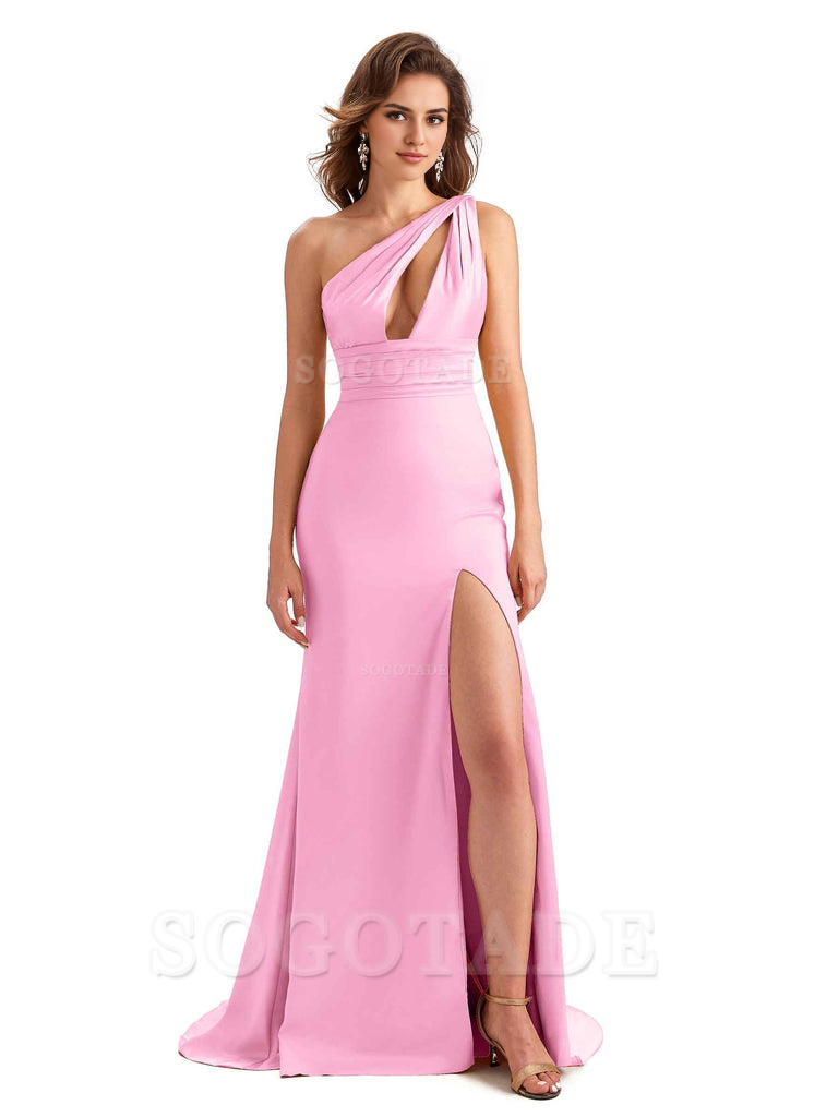 Charming Sexy Unique Side Slit Mermaid Silky One Shoulder Long Bridesmaid Dresses Formal Women's Dresses Wedding Guests Dresses