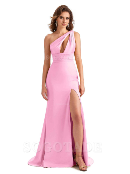 Charming Sexy Unique Side Slit Mermaid Silky One Shoulder Long Bridesmaid Dresses Formal Women's Dresses Wedding Guests Dresses