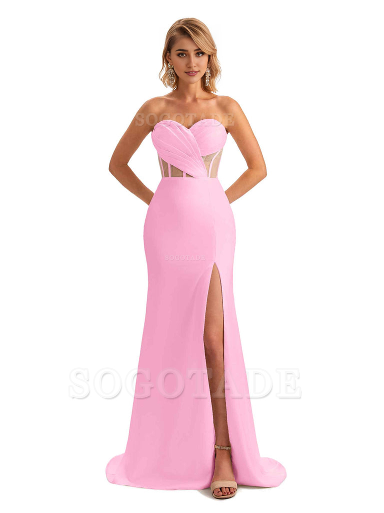 Sexy Sweetheart Strapless Side Slit Mermaid Soft Satin Unique Long Bridesmaid Dress For Wedding