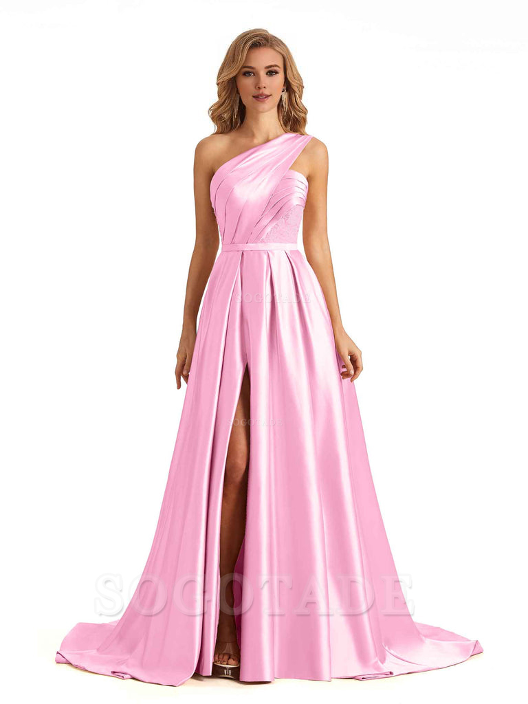 Sexy Side Slit One Shoulder A-Line Soft Satin Long Bridesmaid Dresses Online prom dress in store