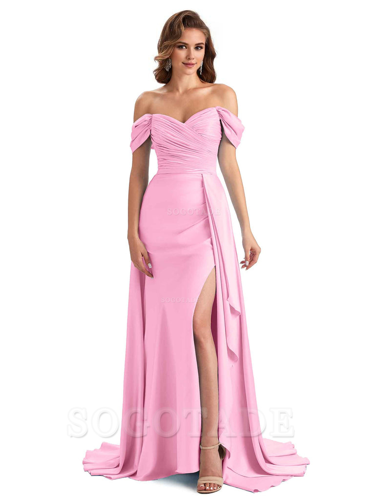 Sexy Side Slit Mermaid Soft Satin Off The Shoulder Long Unique Bridesmaid Dresses prom dress in store