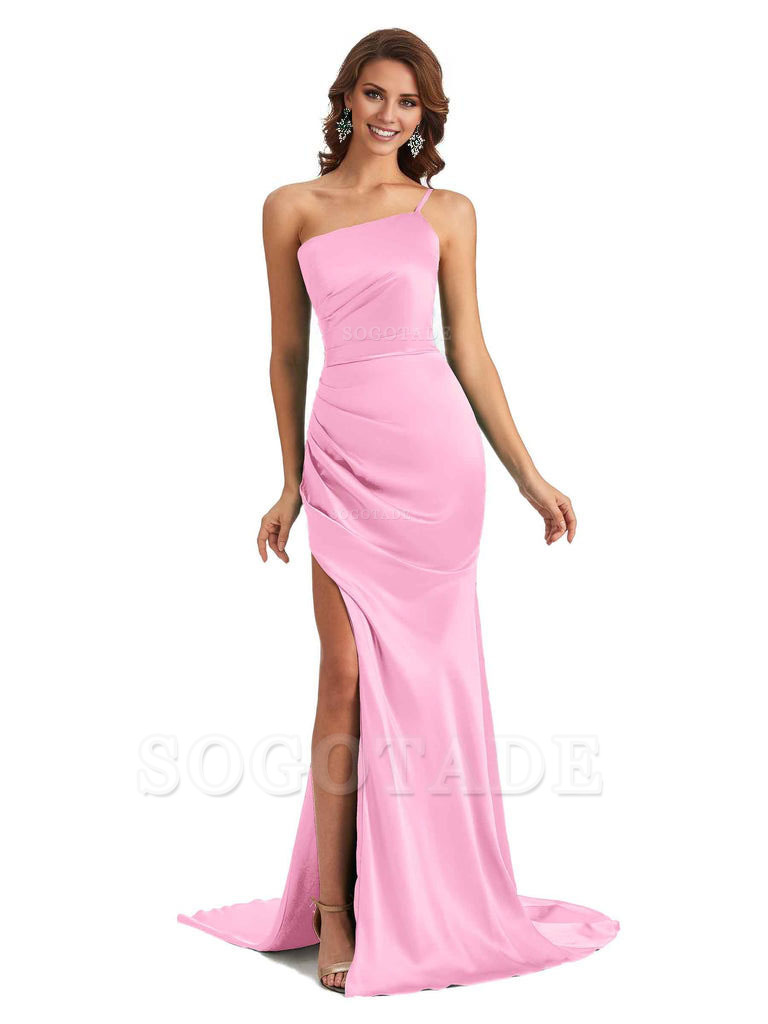 Sexy Silky Satin Side Slit One Shoulder Unique Long Wedding Guest Maxi Dresses