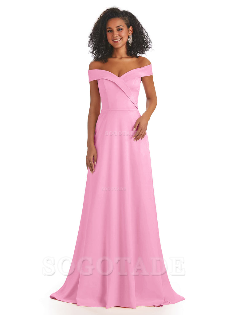 Soft Satin Off The Shoulder Long A-Line African Bridesmaid Dresses prom dress stores ﻿