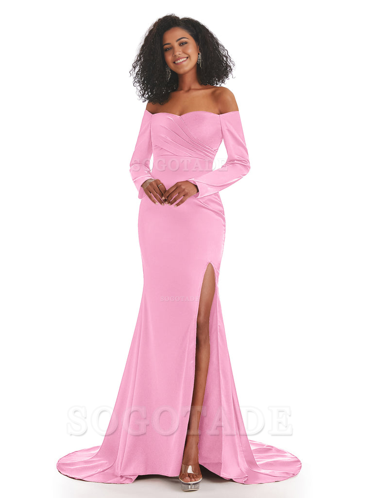 Mermaid Long Sleeve Satin formal dresses evening gown Bridesmaid Dresses With Side Slit 