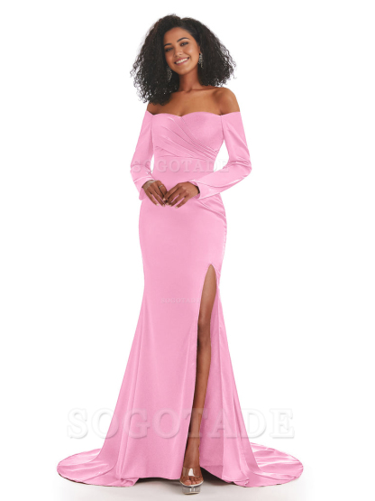 Mermaid Long Sleeve Satin formal dresses evening gown Bridesmaid Dresses With Side Slit 