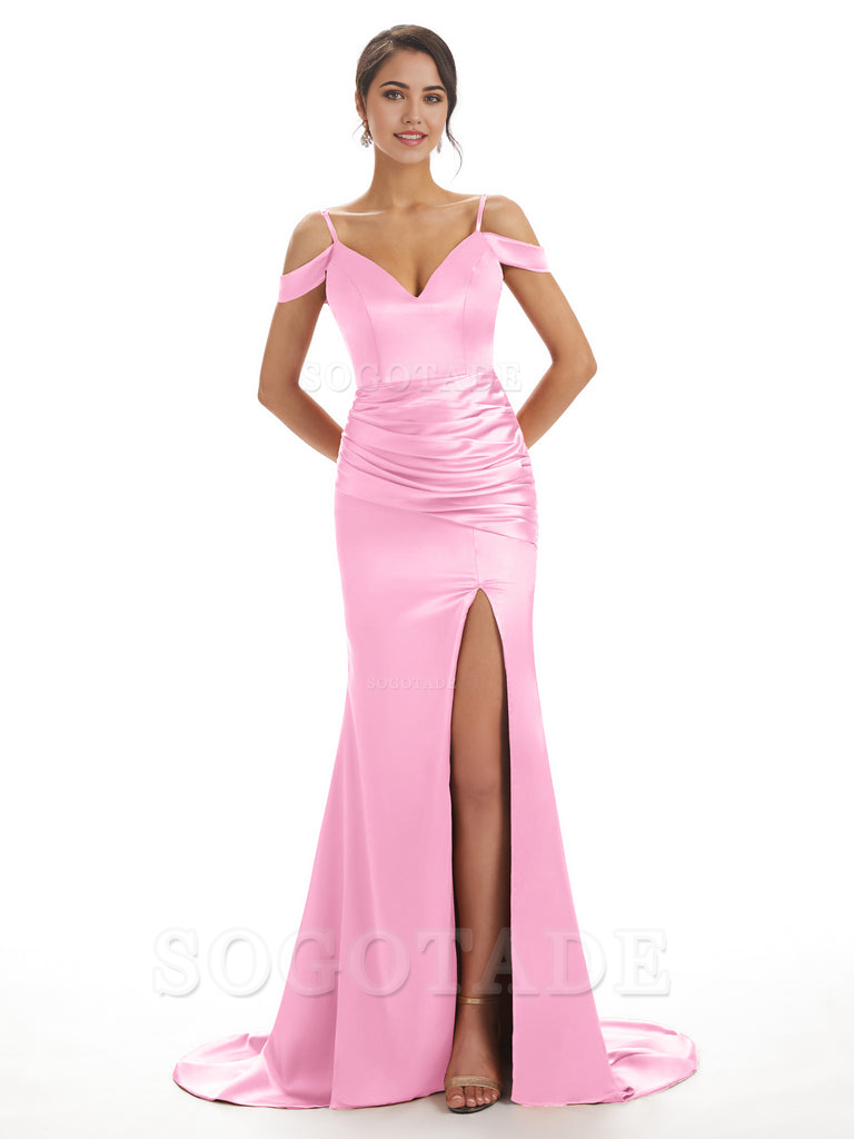 Mermaid Off The Shoulder Satin formal dresses evening gown Bridesmaid Dresses With Side Slit 