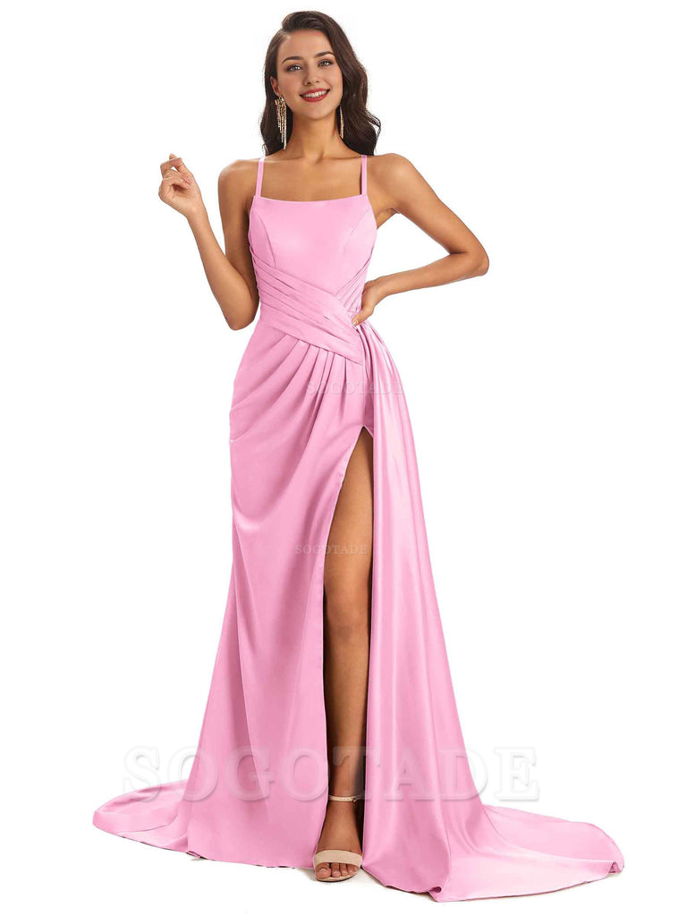Sexy Soft Satin Side Slit Spaghetti Straps Long Maxi Bridesmaid Dresses prom shop dresses