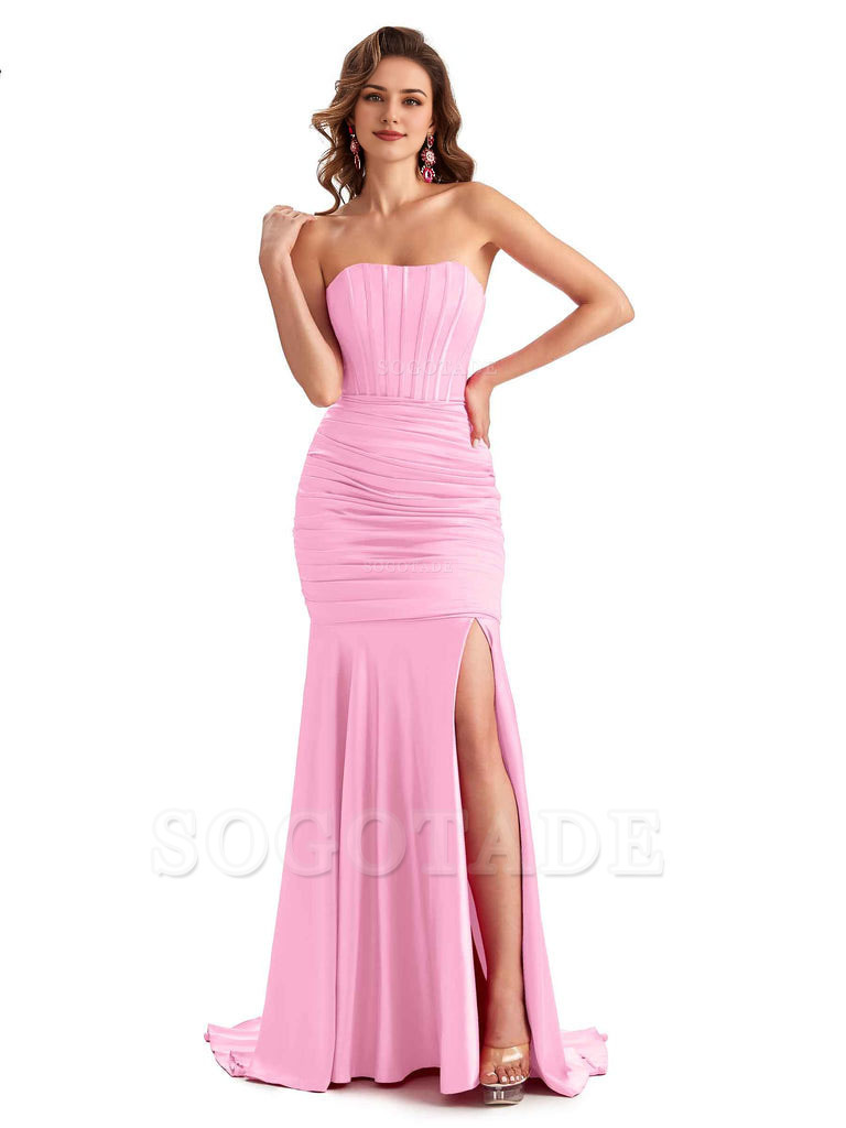 Sexy Strapless Side Slit Mermaid Silky Satin Formal Bridesmaid Dresses