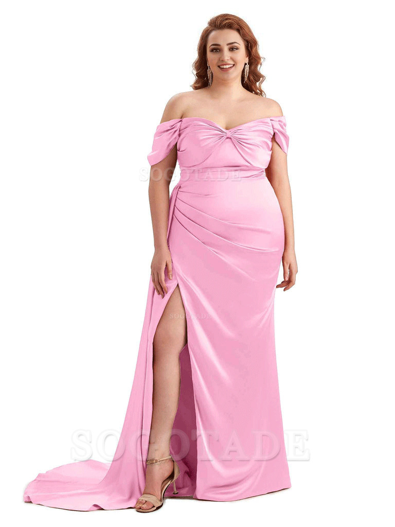  Sexy Side Slit Off The Shoulder Mermaid Soft Satin Long Plus Size Bridesmaid Dress For Wedding