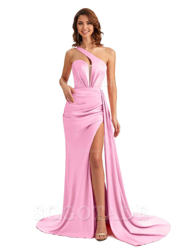 Mermaid One Shoulder Satin formal dresses evening gown Bridesmaid Dresses With Side Slit