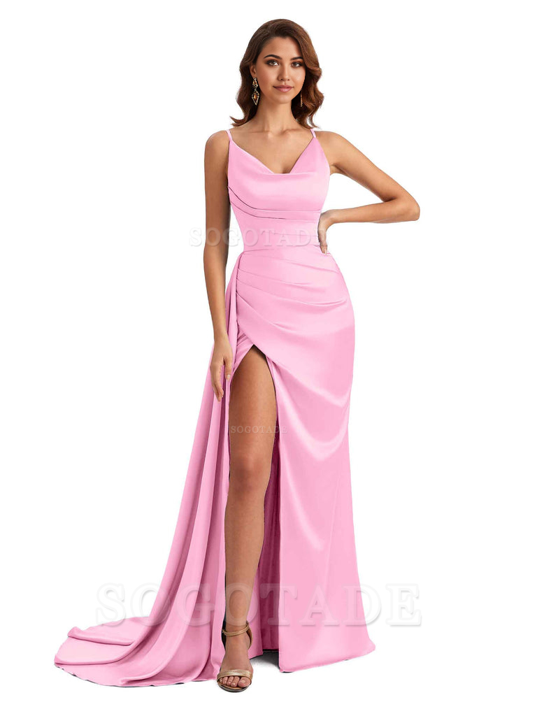 Mermaid Cowl Spaghetti Satin formal dresses evening gown Bridesmaid Dresses With Side Slit
