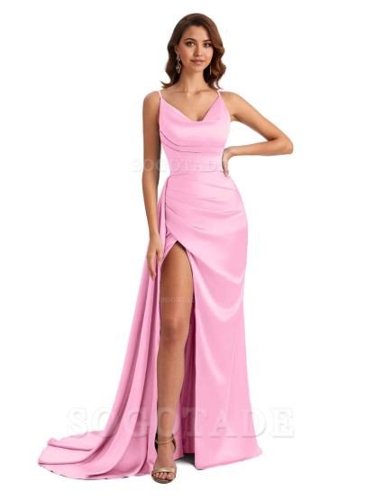 Mermaid Cowl Spaghetti Satin formal dresses evening gown Bridesmaid Dresses With Side Slit