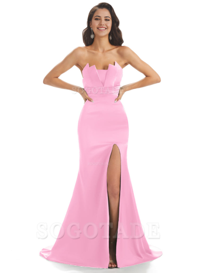 Mermaid sleeveless Satin formal dresses evening gown Bridesmaid Dresses With Side Slit 