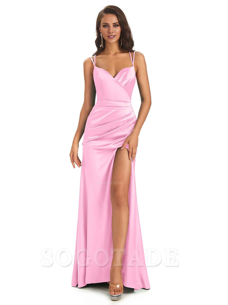 Sexy Soft Satin Side Slit Spaghetti Straps Long Maxi Mermaid Bridesmaid Dresses Elegant Evening Party Dress