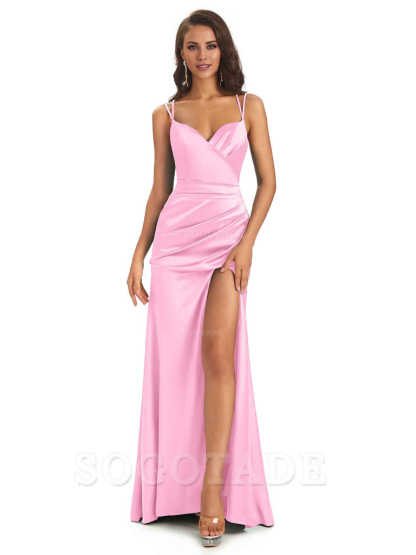 Sexy Soft Satin Side Slit Spaghetti Straps Long Maxi Mermaid Bridesmaid Dresses Elegant Evening Party Dress