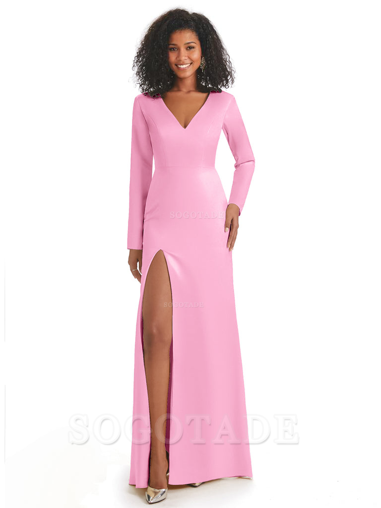 Soft Satin Side Slit Long Sleeves V-Neck Long African Mermaid Bridesmaid Dresses Elegant Evening Party Dress