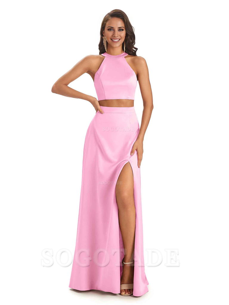 Soft Satin Two-Pieces Halter Side Slit Sexy Fashion Bridesmaid Dresses Charming Evening Party Dress