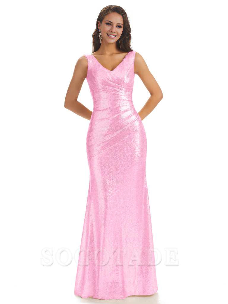 Sexy Sequin V-Neck Sparkly Long Mermaid Bridesmaid Dresses Charming Evening Party Dress
