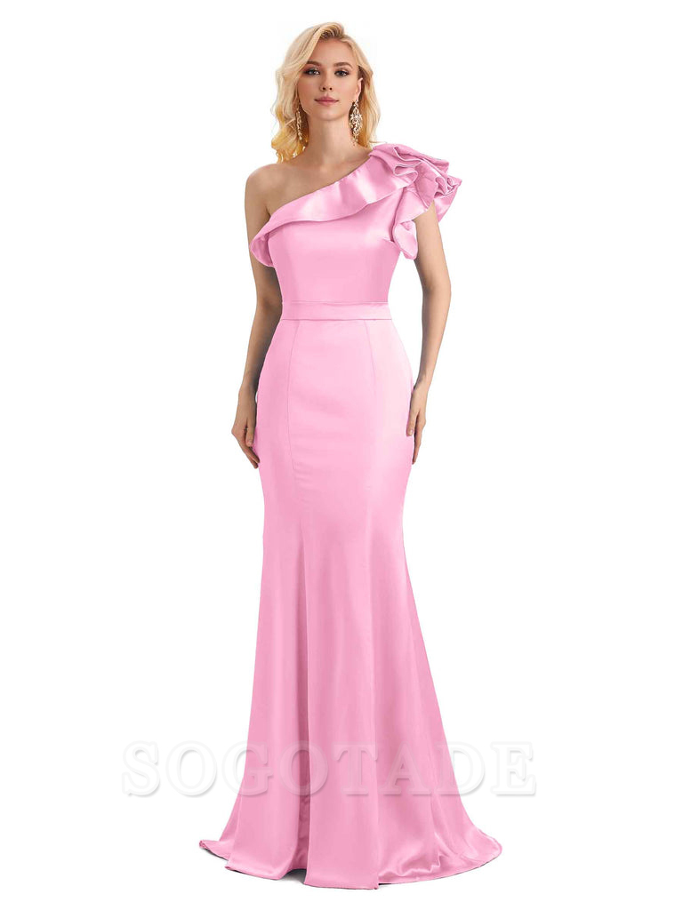 One Shoulder Long Mermaid Bridesmaid Dresses Soft Satin Charming Evening Party Dress