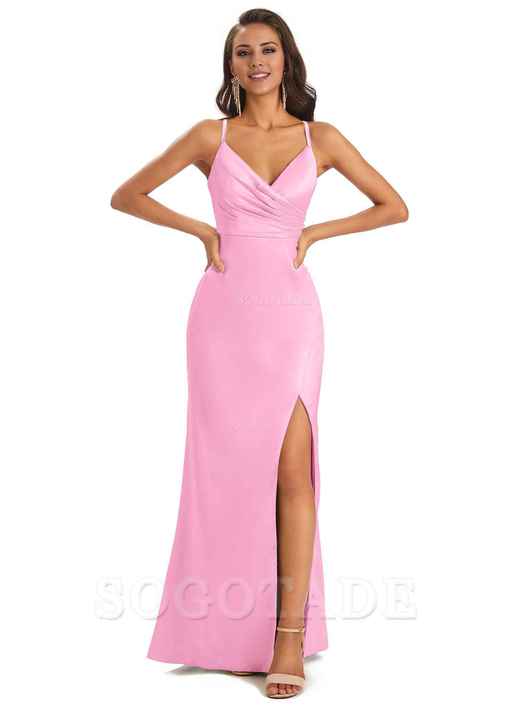 Soft Satin Side Slit Spaghetti Straps Long Unique Mermaid Bridesmaid Dresses Elegant Evening Party Dress