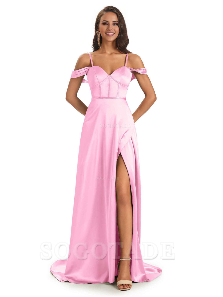 Stylish Soft Satin Side Slit Spaghetti Straps Bridesmaid Dresses Elegant Evening Party Dress