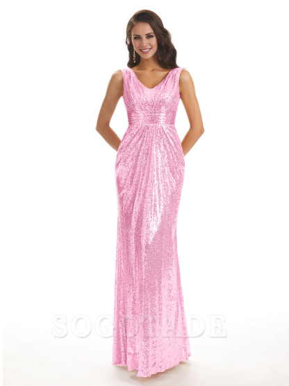 Sparkly V-Neck Sequin Long Mermaid Bridesmaid Dresses Sleeveless Charming Evening Party Dress