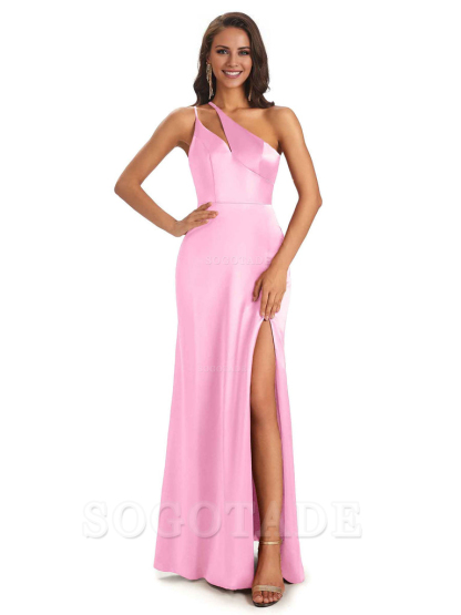 Sexy Soft Satin Side Slit One Shoulder Floor-Length Mermaid Long Bridesmaid Dresses Elegant Evening Party Dress