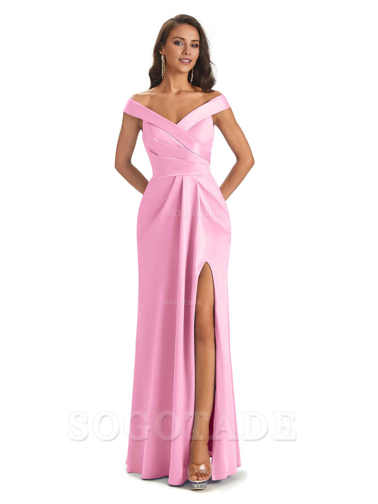 Sexy Soft Side Slit Off Shoulder V-Neck Long Satin Ladies Bridesmaid Dresses Elegant Evening Party Dress
