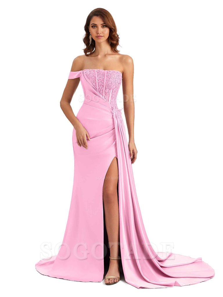 Mermaid Off Shoulder Applique formal dresses evening gown Bridesmaid Dresses With Side Slit 