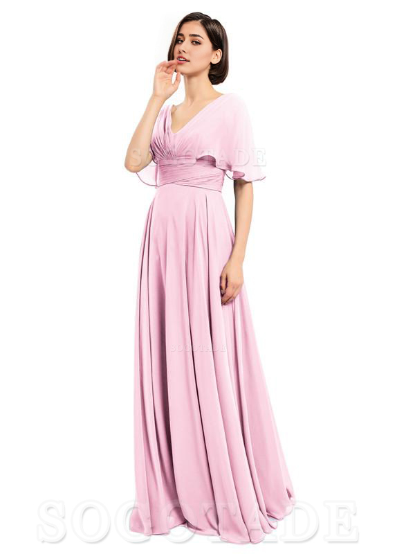  V-Neck Cap Sleeves Sleeves Chiffon Long Elegant Bridesmaid Dresses Formal Wear Dresses