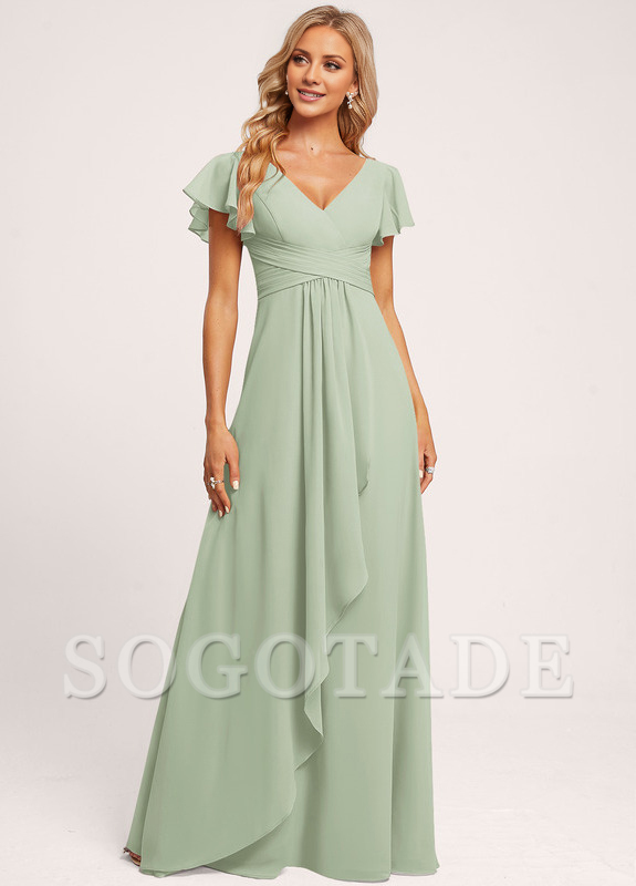 Ruffle A-line V-neck and floor chiffon bridesmaid dress