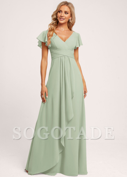 Ruffle A-line V-neck and floor chiffon bridesmaid dress