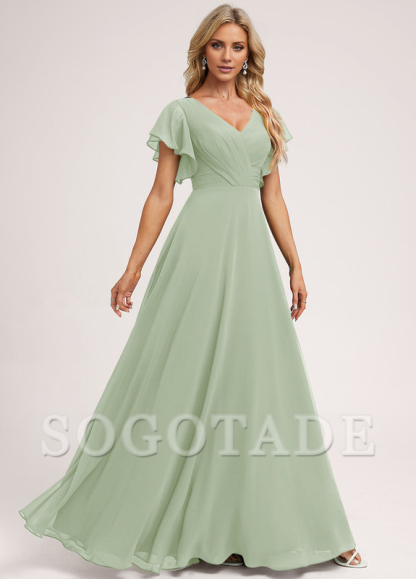 Ruffle A-line V-neck and floor chiffon bridesmaid dress