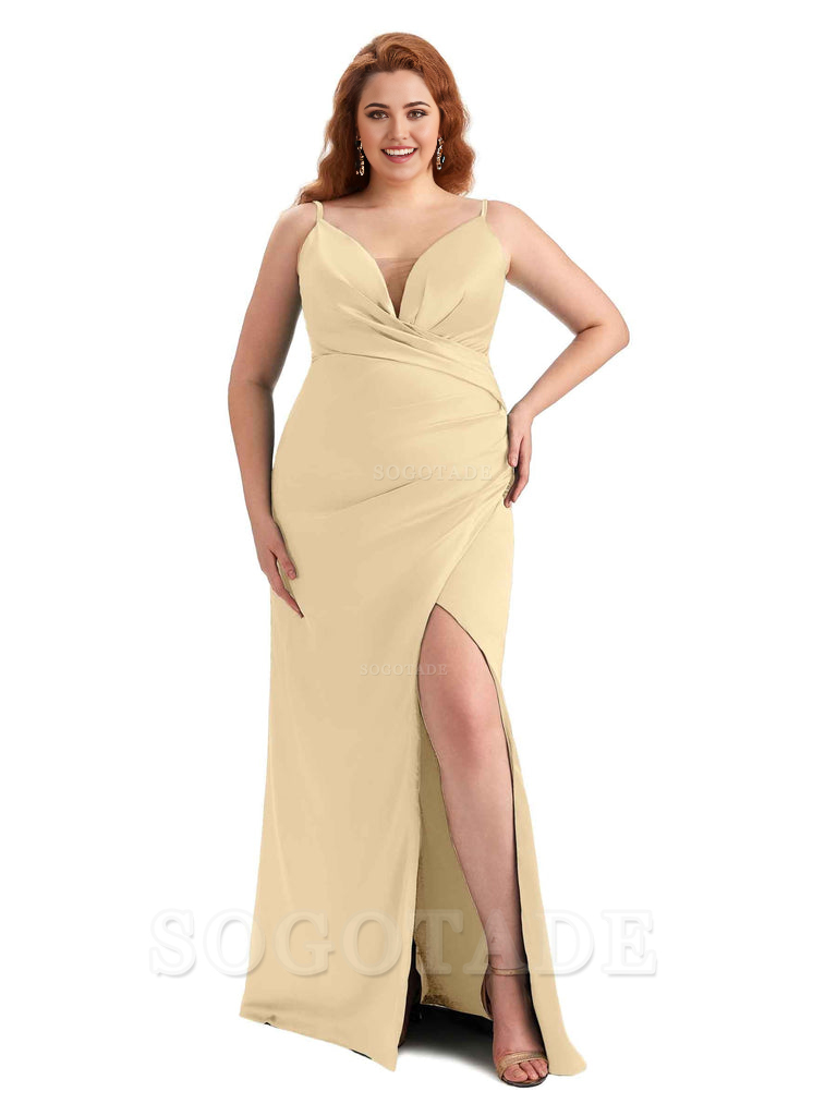 Sexy Side Slit Spaghetti Straps Sleeveless Mermaid V-neck Soft Satin Long Plus Size Bridesmaid Dress For Wedding