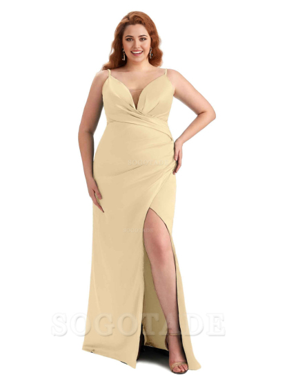 Sexy Side Slit Spaghetti Straps Sleeveless Mermaid V-neck Soft Satin Long Plus Size Bridesmaid Dress For Wedding