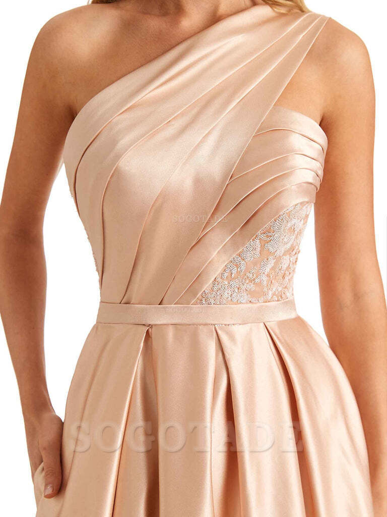 Sexy Side Slit One Shoulder A-Line Soft Satin Long Bridesmaid Dresses Online prom dress in store