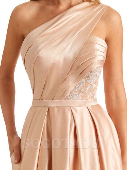 Sexy Side Slit One Shoulder A-Line Soft Satin Long Bridesmaid Dresses Online prom dress in store