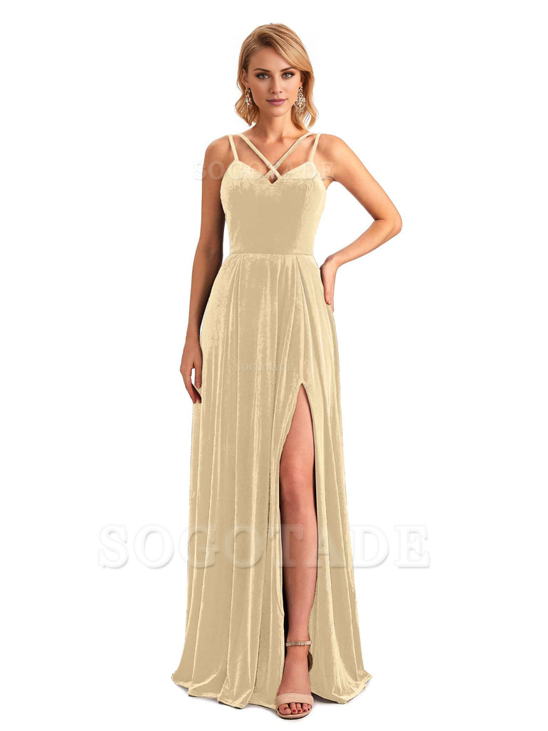 Sexy Side Slit Spaghetti Straps Unique Velvet Long Bridesmaid Dresses Online
