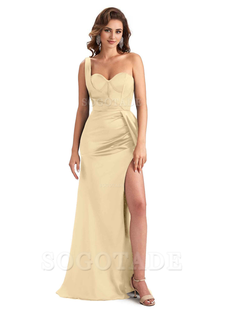 Sexy Mermaid Silky Satin Side Slit One Shoulder Unique Long Wedding Guest Dresses