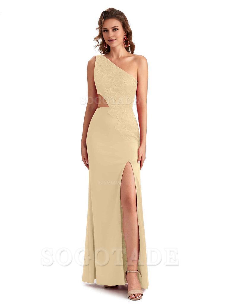 Sexy Side Slit Mermaid Lace Silky Satin One Shoulder Chic Long Bridesmaid Dresses