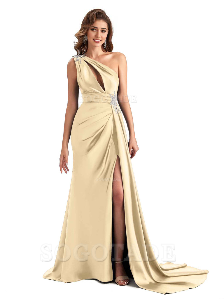 Sexy Side Slit Mermaid Soft Satin One Shoulder Lace Long Modern Bridesmaid Dresses