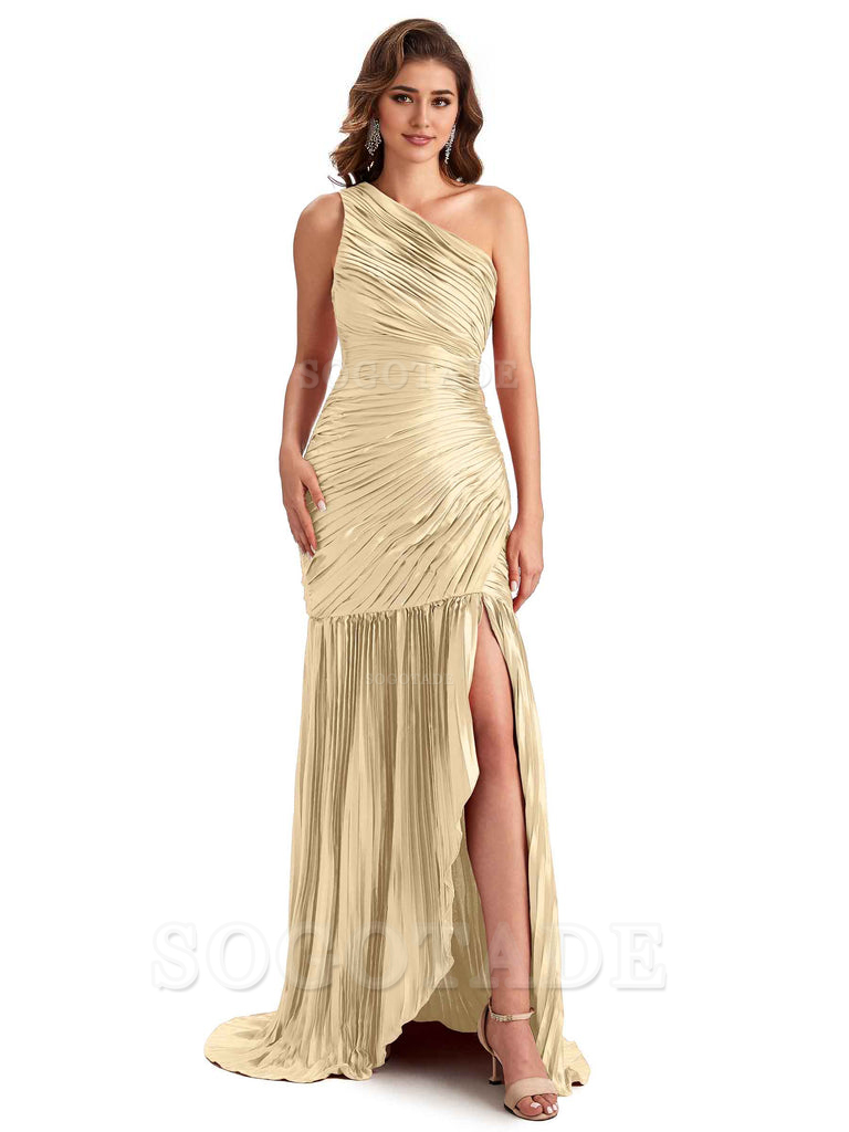 Sexy Side Slit Mermaid Soft Satin One Shoulder Long Ladies Bridesmaid Dresses Online