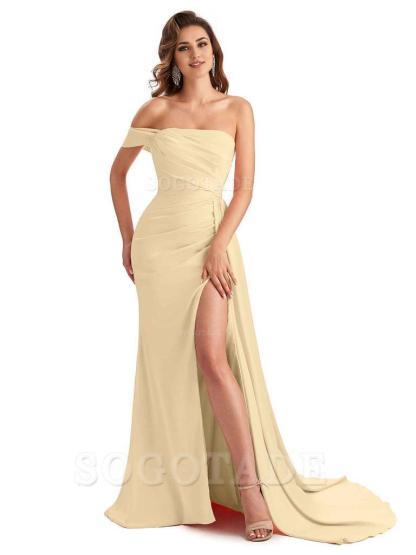 Sexy One Shoulder Side Slit Mermaid Soft Satin Long Women Bridesmaid Dresses Online