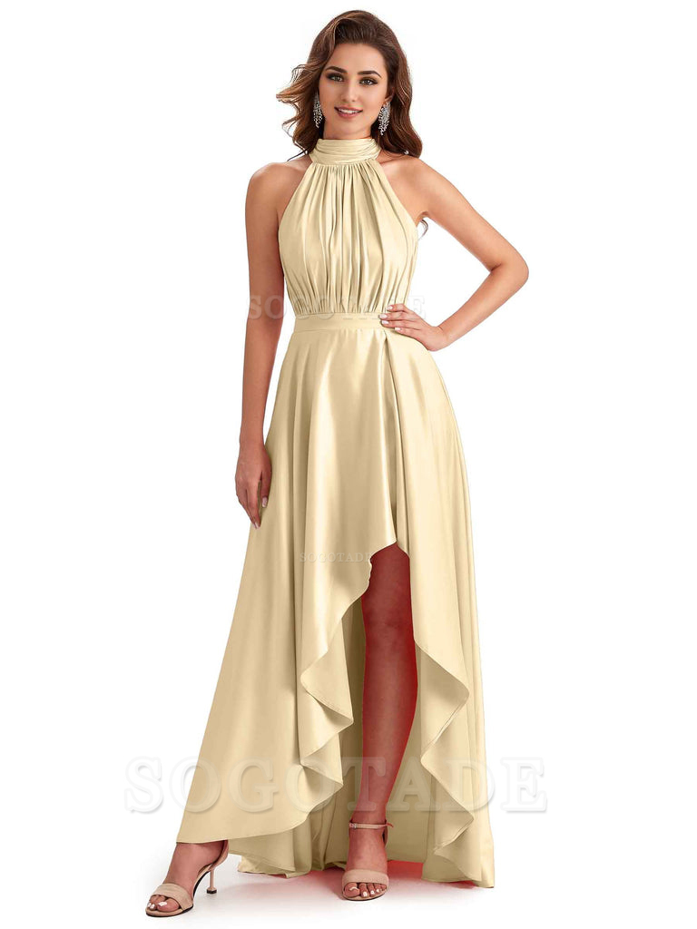 Soft Satin High Neck High Low A-Line Unique Bridesmaid Dresses Online