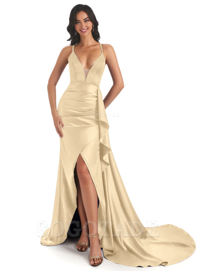 Sexy Spaghetti Straps Soft Satin Side Slit Pleats Unique Mermaid Bridesmaid Dresses prom shop dresses ﻿