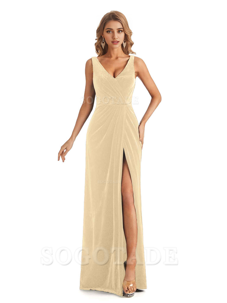 V-Neck Sexy Side Slit Spaghetti Straps Pleated Velvet Long Bridesmaid Dresses Formal Wear Dresses
