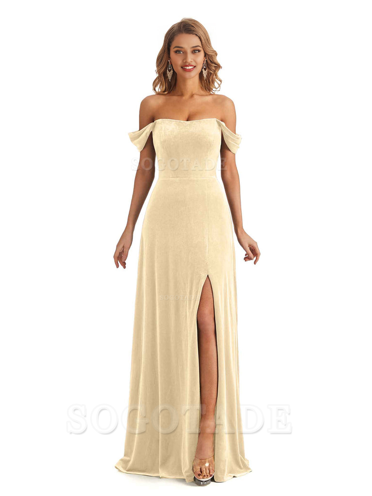 Elegant Mermaid Off The Shoulder Unique Velvet Side Slit Backless Long Bridesmaid Dresses Formal Wear Dresses
