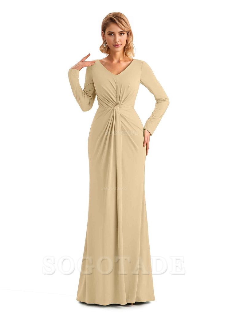 Elegant Simple Mermaid Pleats V-neck Long-Sleeves Floor Length Long Formal Bridesmaid Dresses