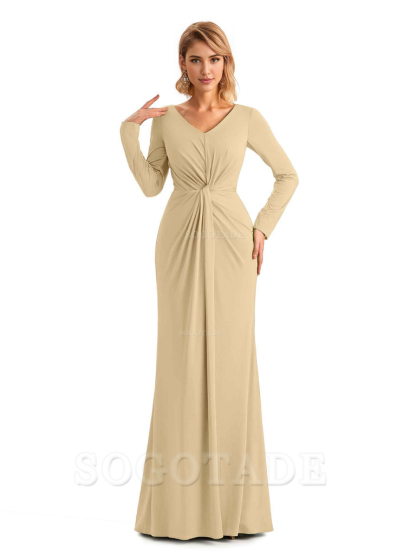Elegant Simple Mermaid Pleats V-neck Long-Sleeves Floor Length Long Formal Bridesmaid Dresses