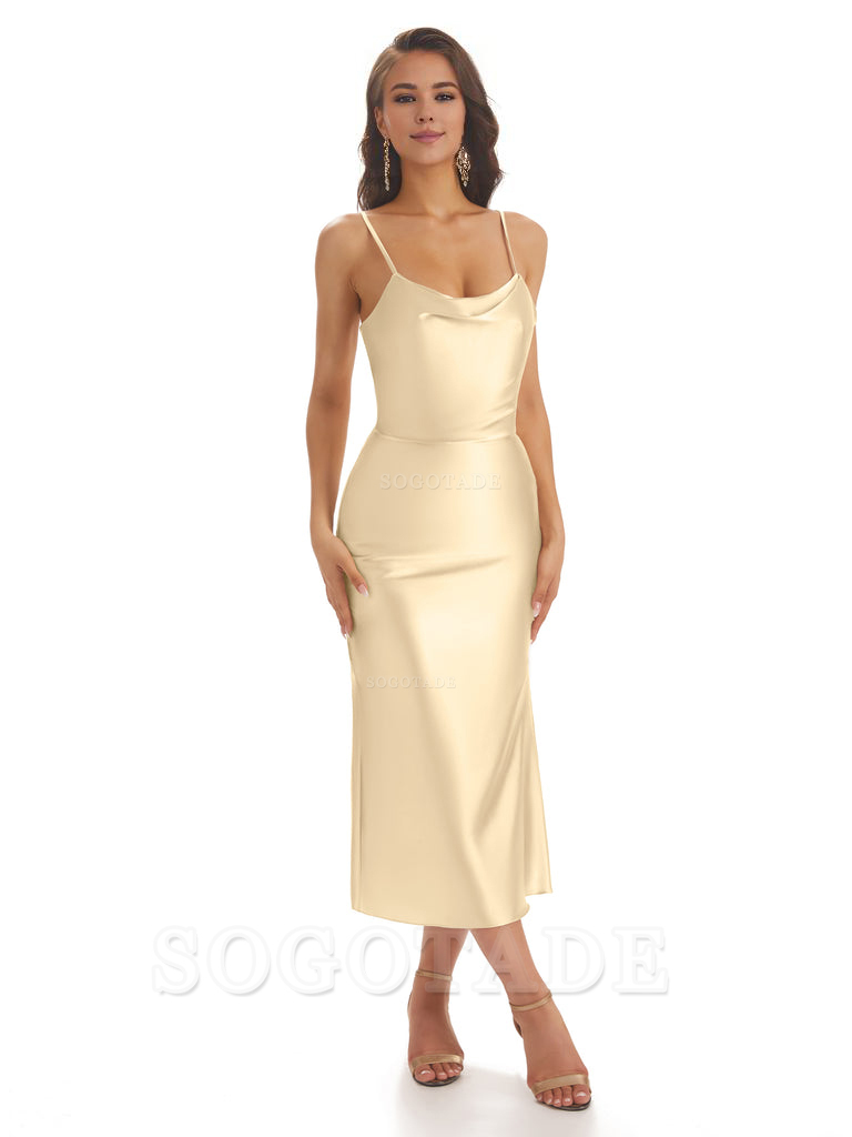 Sexy Soft Satin Spaghetti Strap Tea-Length Midi Short Bridesmaid Dresses prom shop dresses